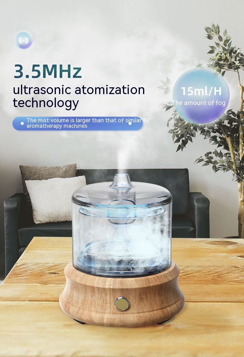 Ultrasonic atomization device on a wooden table with text about technology and output rate.