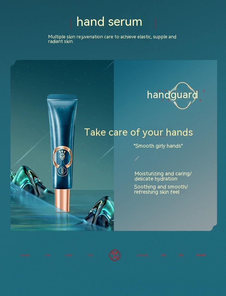 Hand serum product with 'handguard' branding on a blue background