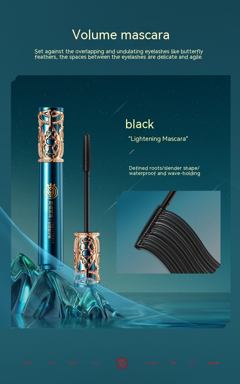 Volume mascara with decorative cap on a blue background
