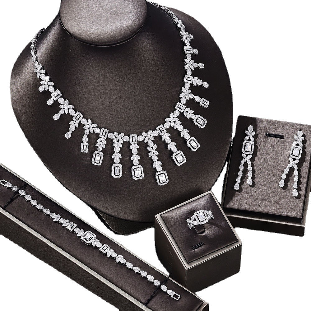 White Zircon Wedding Necklace, Earrings, Bracelet, Ring Set