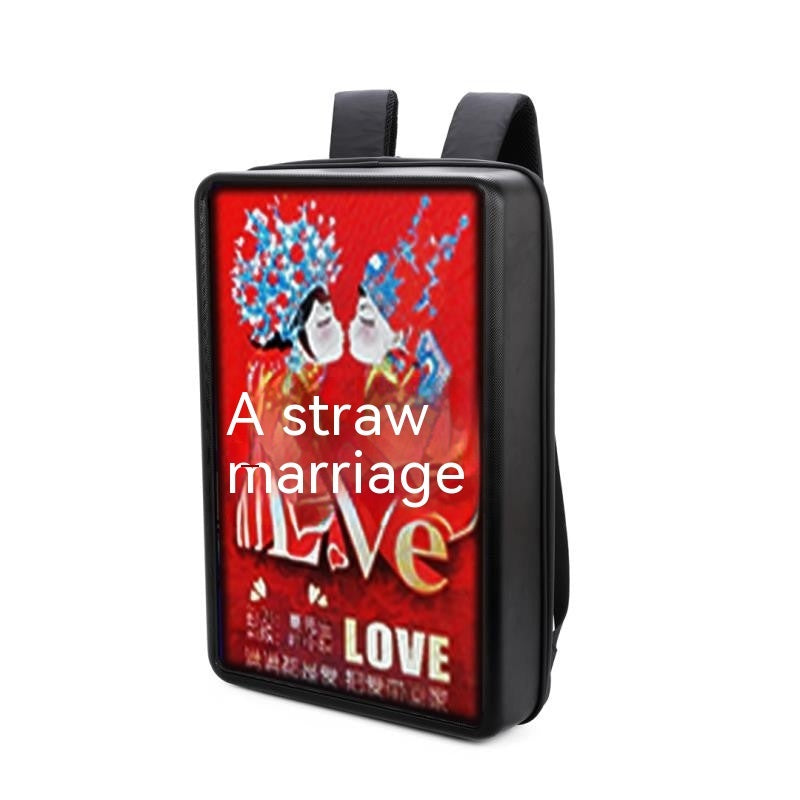 Backpack with a red design featuring text and images on a white background