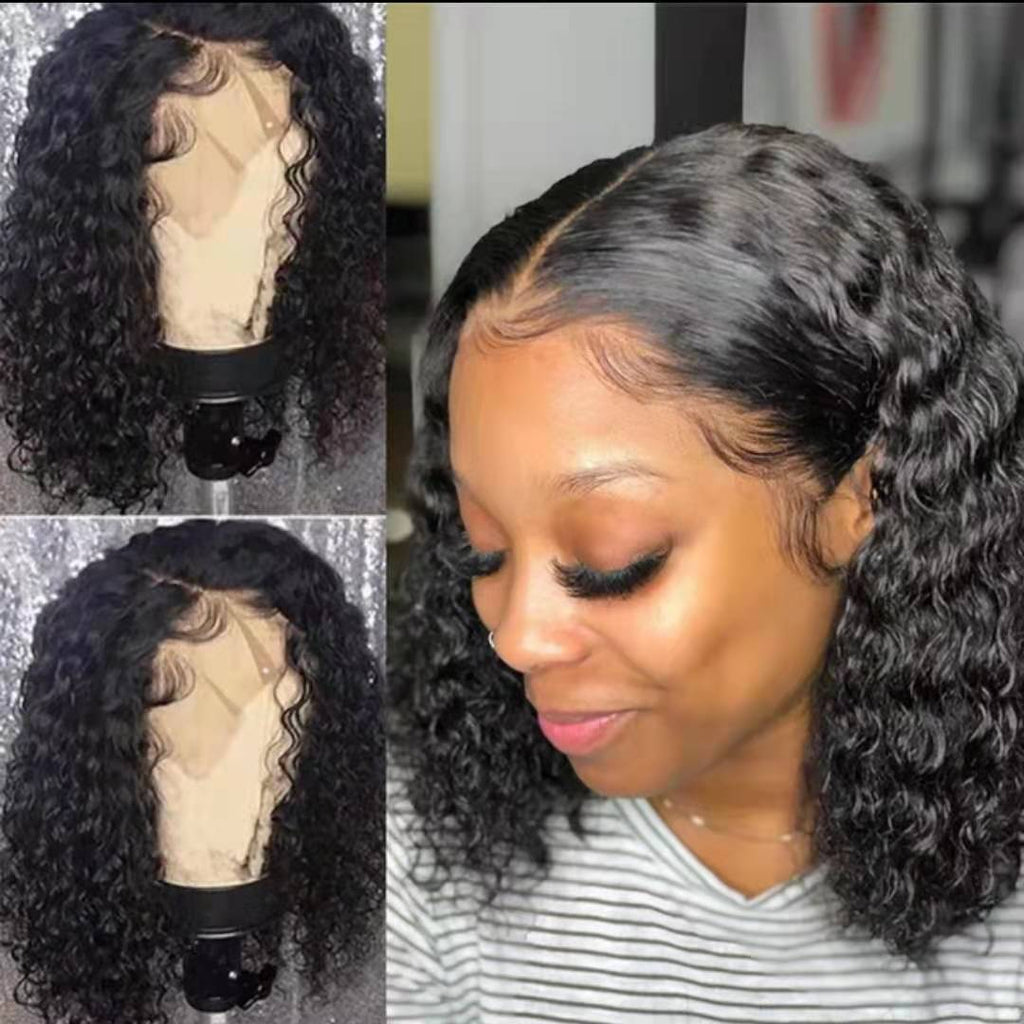 Collage of a lace front wig on a mannequin head and worn by a person.