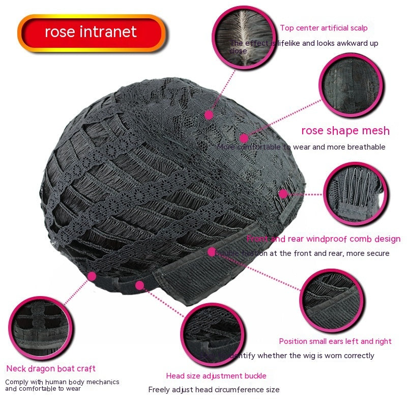 Black lace wig with detailed features and specifications on a white background