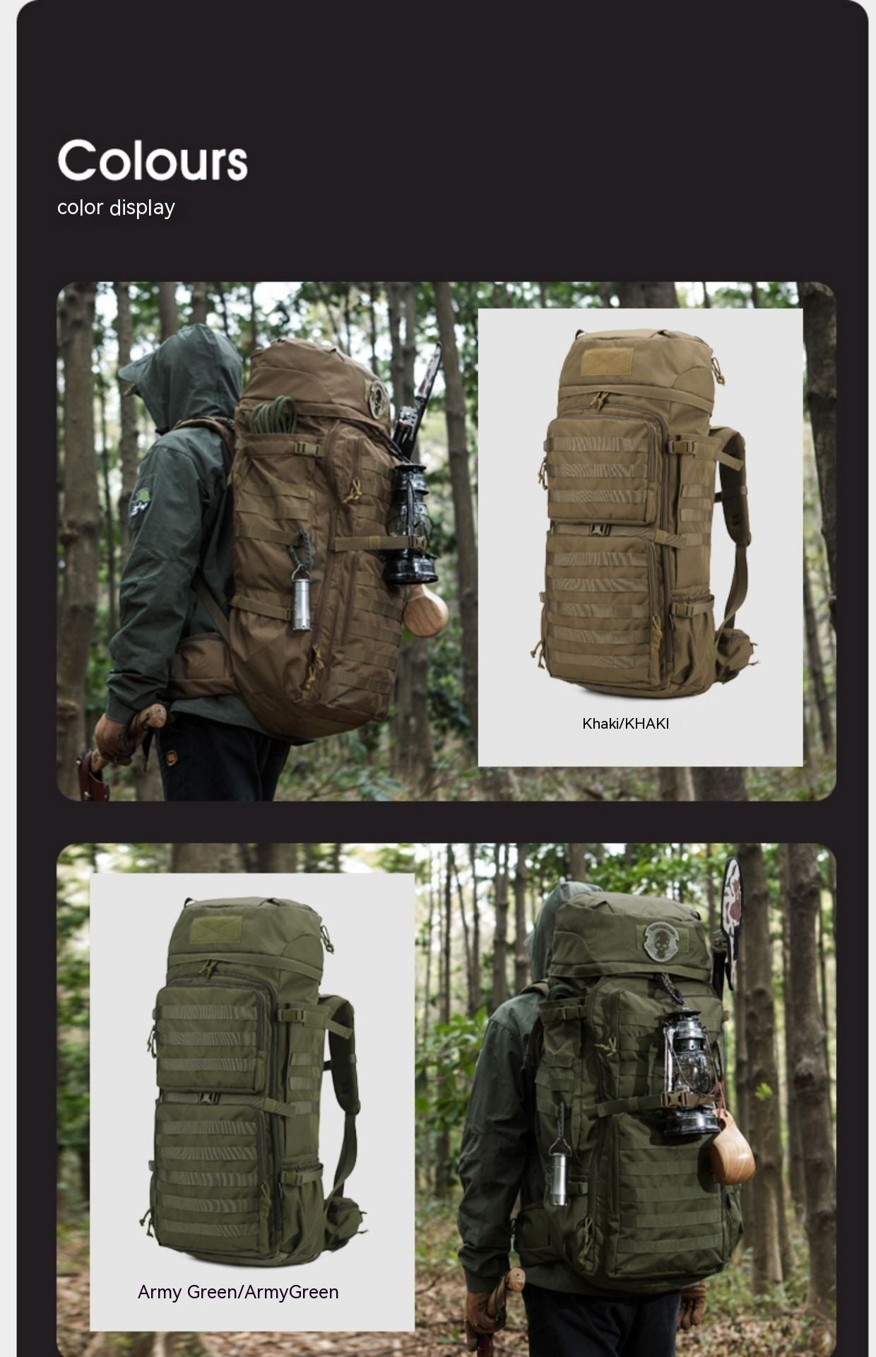 Military-style backpacks displayed in various colors with a person wearing one in a forest setting.