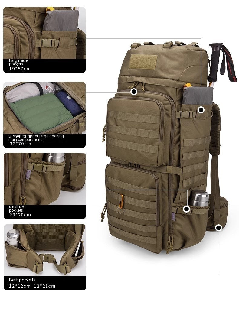 Tactical backpack with multiple compartments and features highlighted