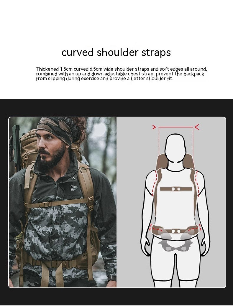 Person wearing a backpack with curved shoulder straps and an illustration of the straps on a person.
