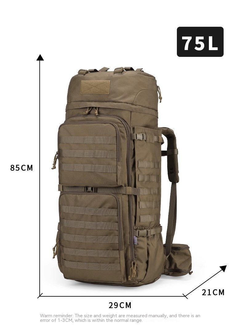 Brown tactical backpack with dimensions on a white background