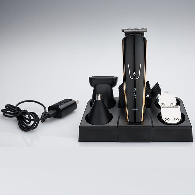 Hair trimmer set with attachments on a gray background