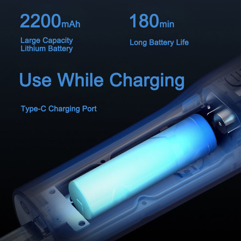 Battery pack with charging port and text highlighting battery capacity and features on a dark background