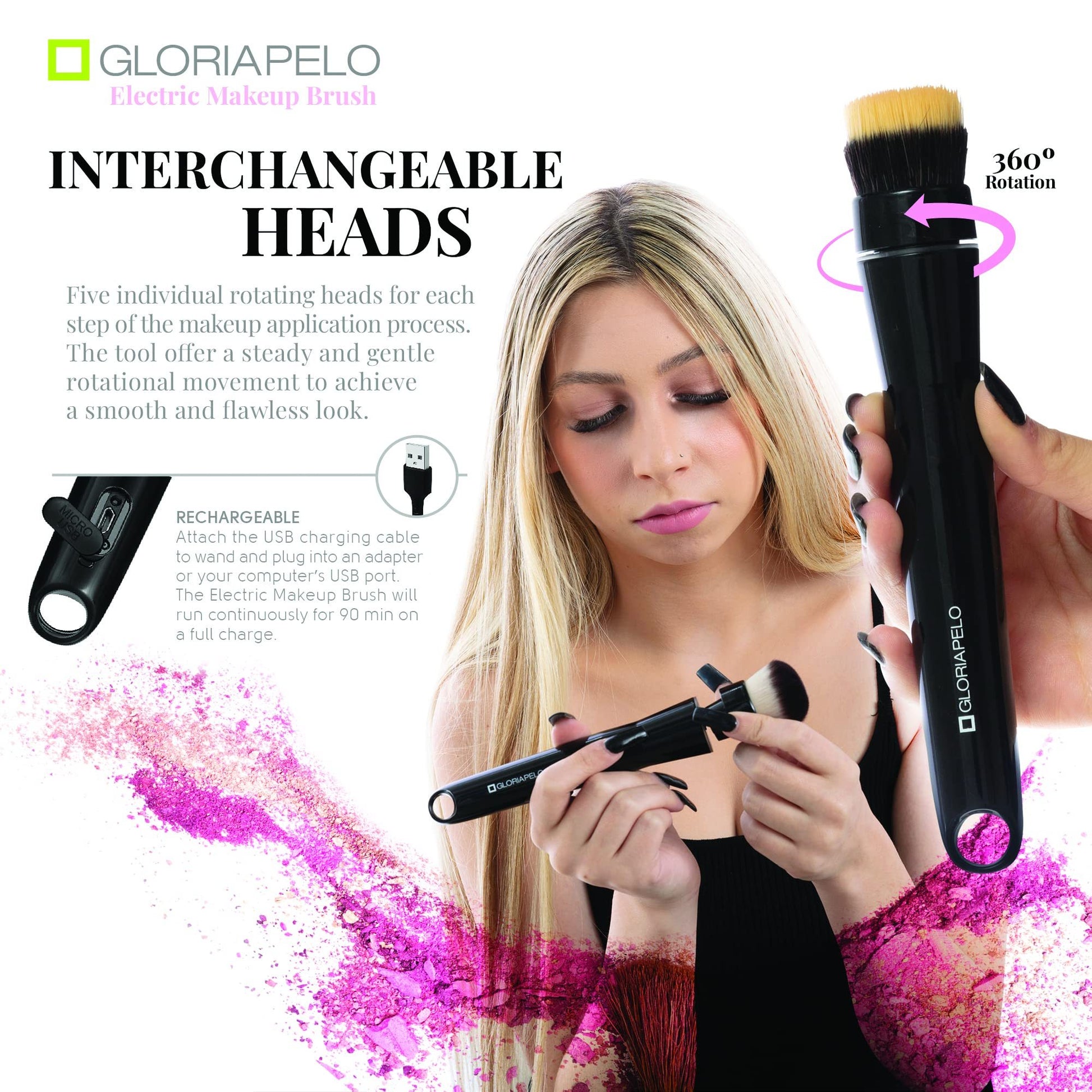 Gloriapelo electric makeup brush with interchangeable heads, woman holding brush, and product details on a white background.