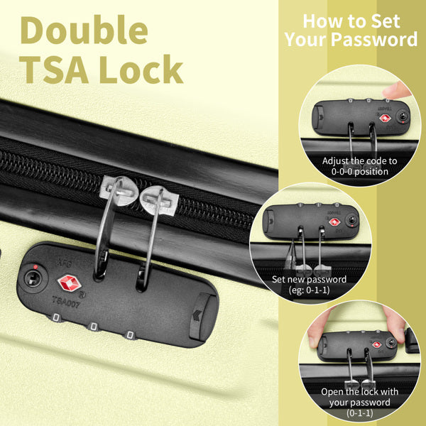 Double TSA lock mechanism on a suitcase with instructions on how to set a password.