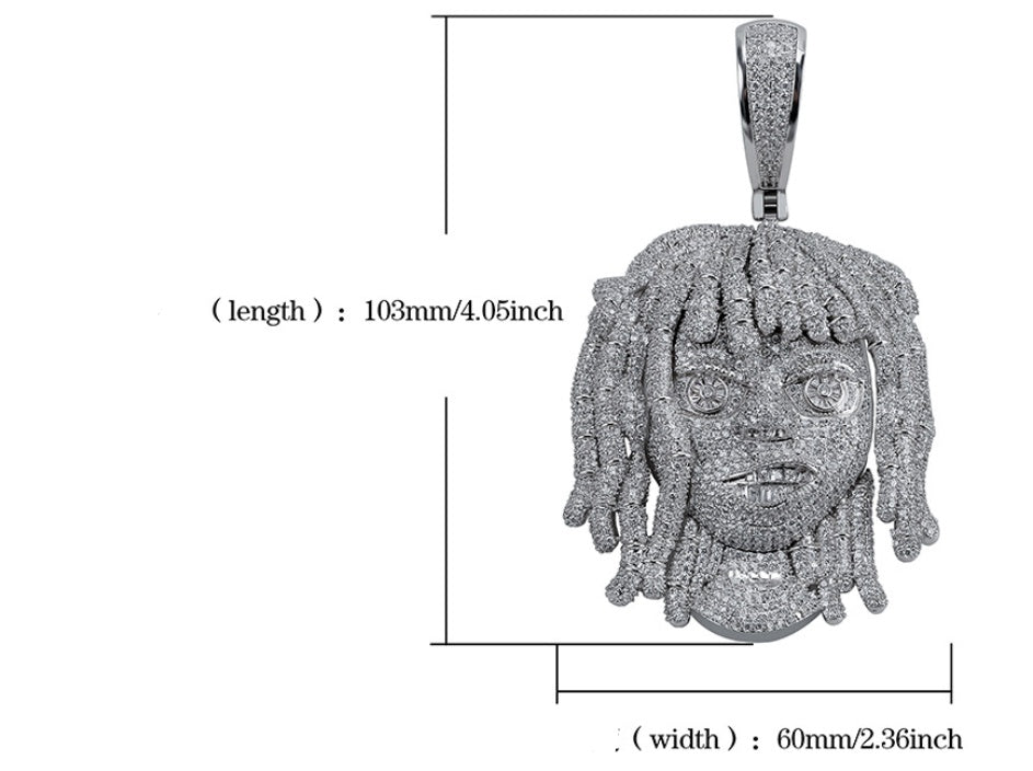 Pendant with face design and measurements on a white background