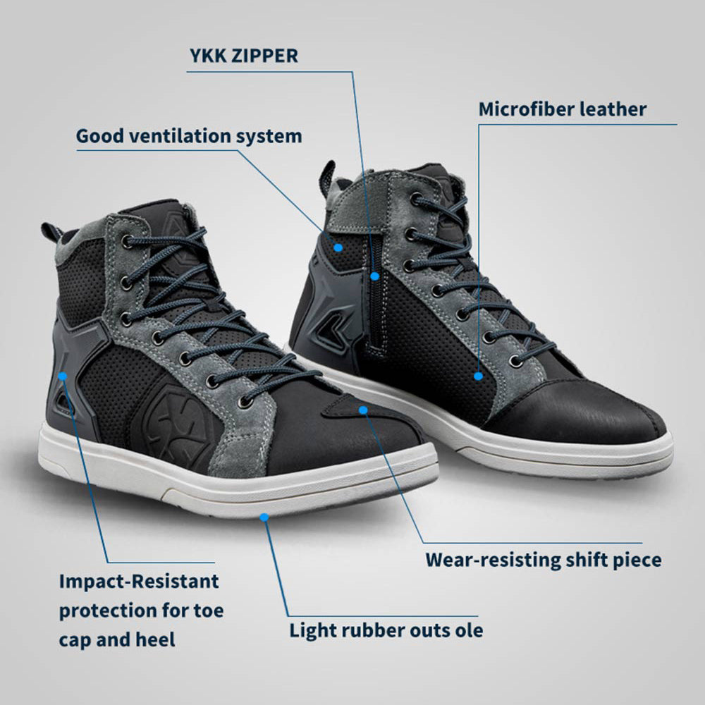 Black high-top sneakers with feature labels on a gray background