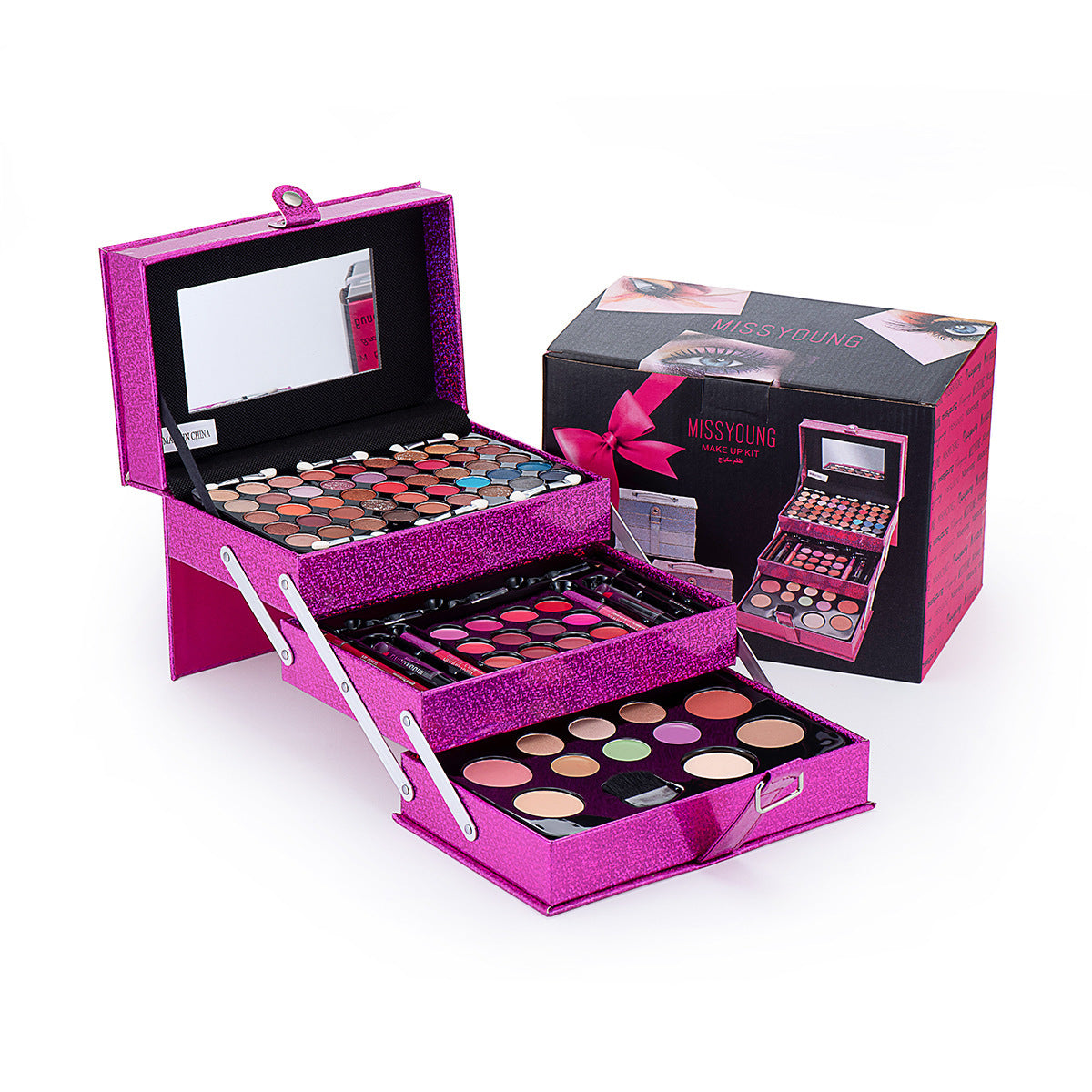 Makeup set with open pink case displaying various cosmetic products, including palettes and brushes, on a white background.