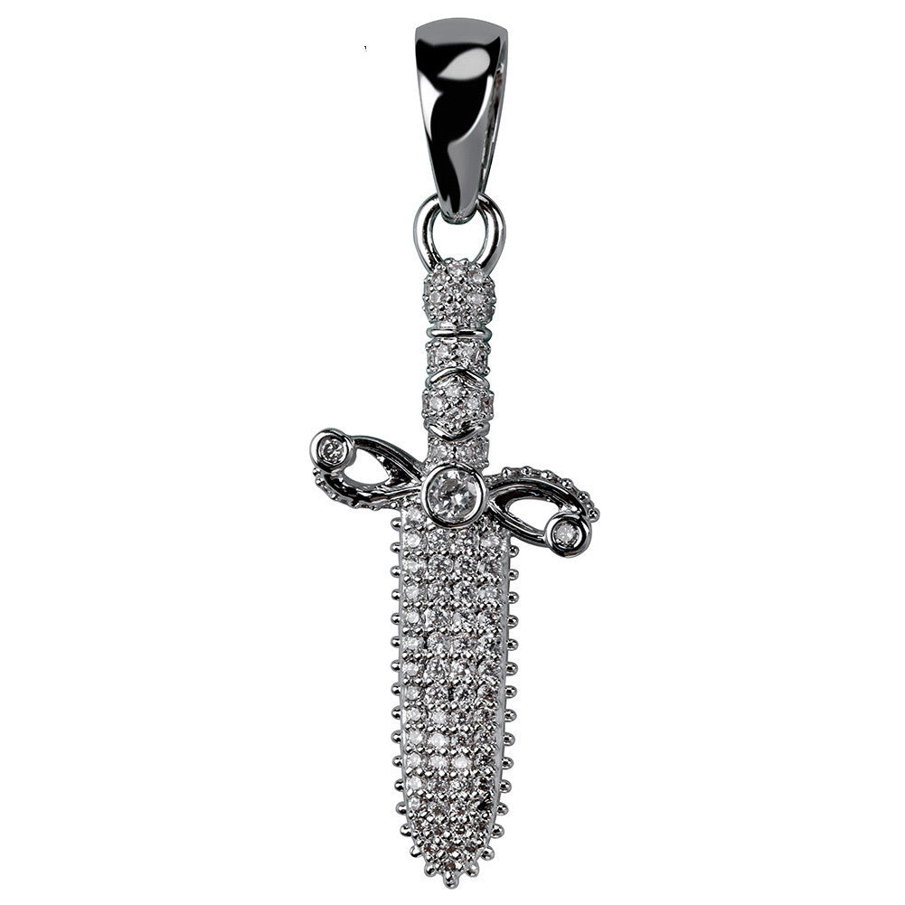 Silver cross-shaped pendant with clear stones on a white background
