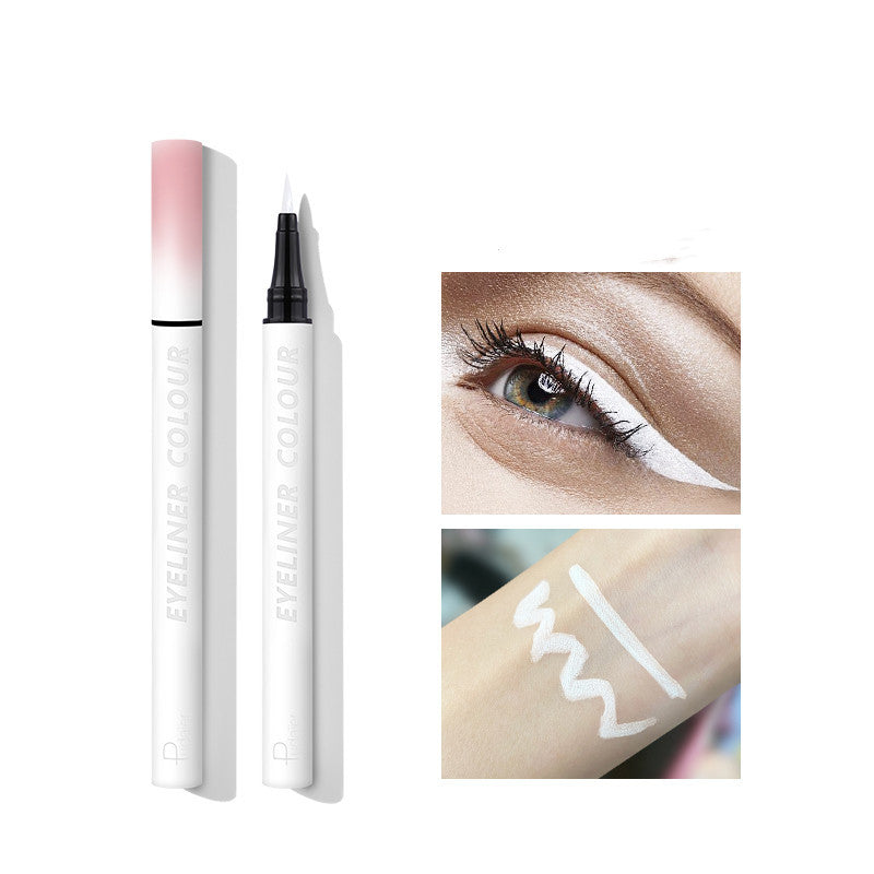 Eyeliner product with close-up of application on eye and swatch on skin.