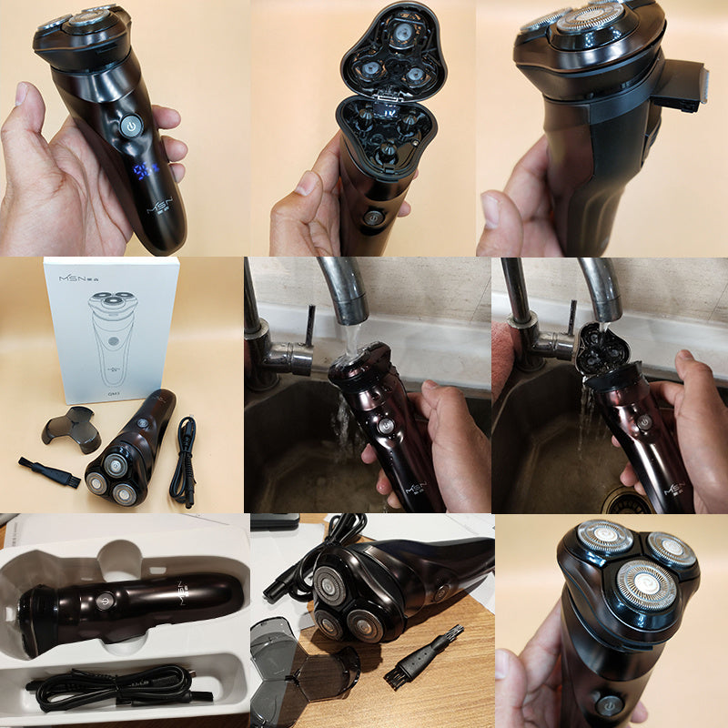 Collage of a black electric shaver with various components and assembly steps.