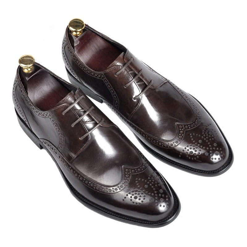 Pair of brown dress shoes with gold accents on a white background