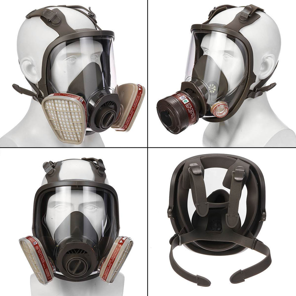 Four views of a full-face respirator on mannequin heads with different angles.