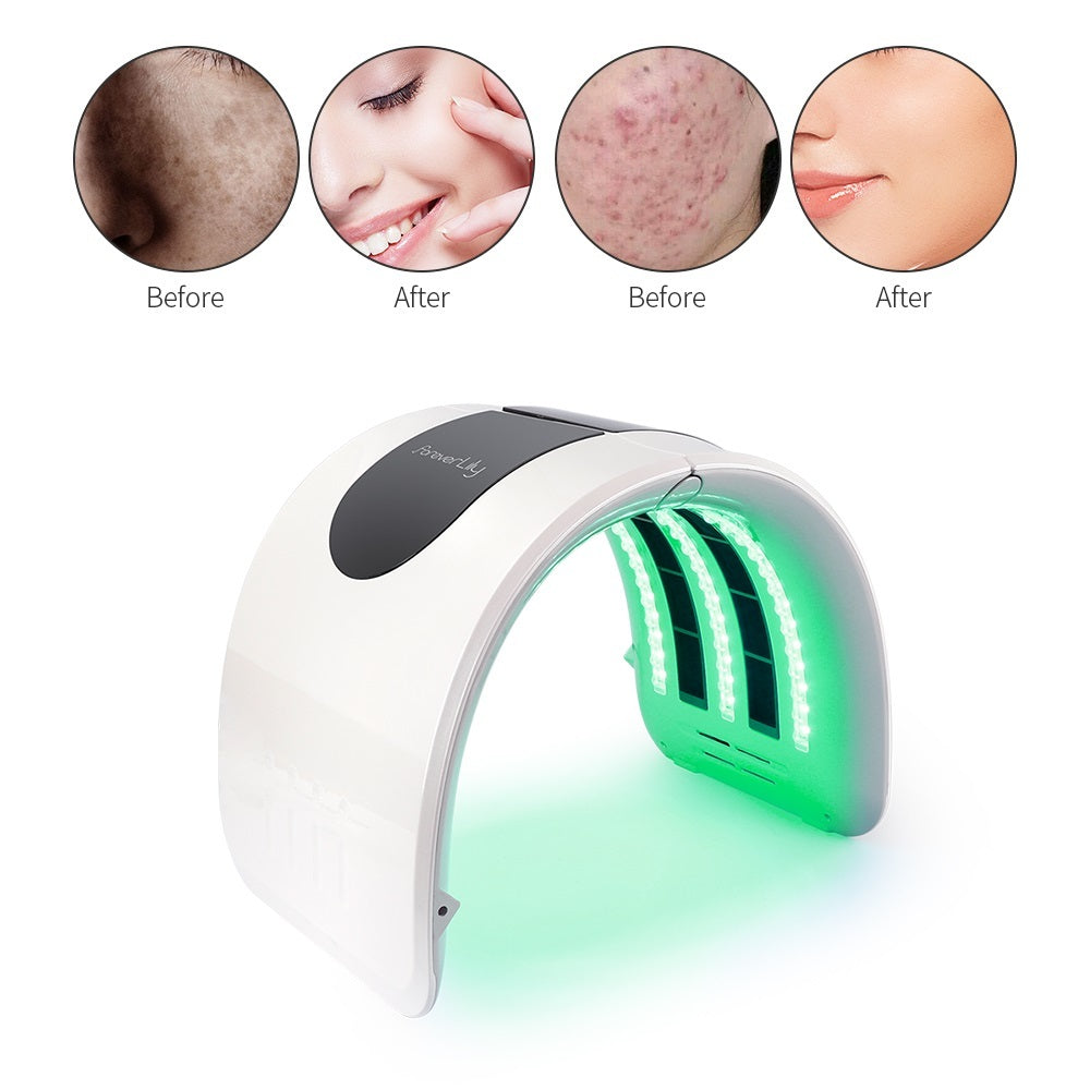Beauty device with LED lights on a white background, showing before and after effects on skin.