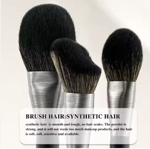 Three makeup brushes with synthetic hair on a white background