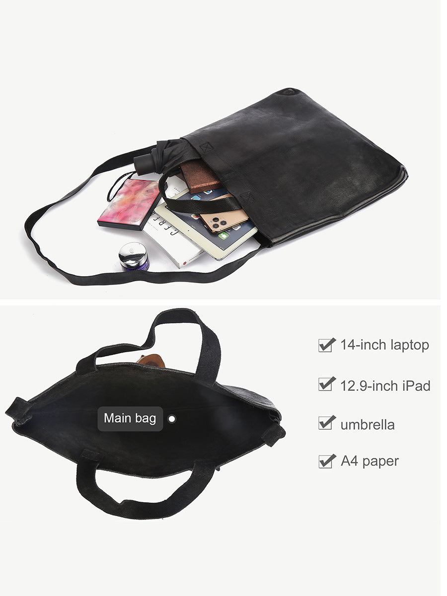 Black bag with compartments for electronic devices and paper items on a white background