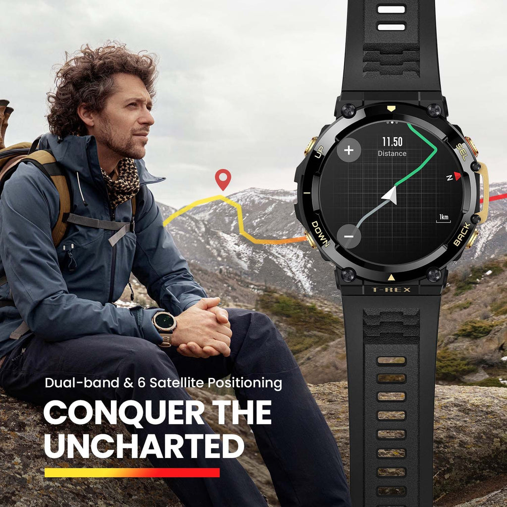 Man sitting on a mountain with a smartwatch displaying a map app, with text 'Conquer the Uncharted' and product features.