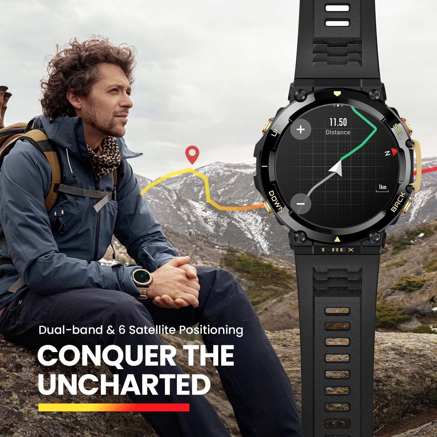 Man sitting on a mountain with a smartwatch displaying a map app, with text 'Conquer the Uncharted' and product features.
