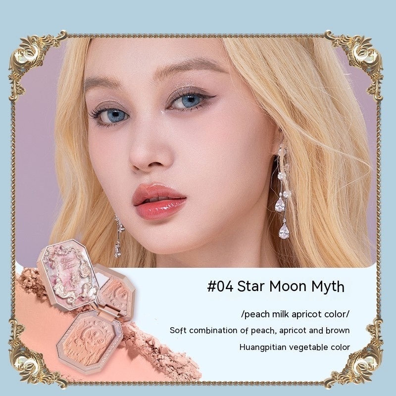 Makeup product with 'Star Moon Myth' description and a model wearing earrings.
