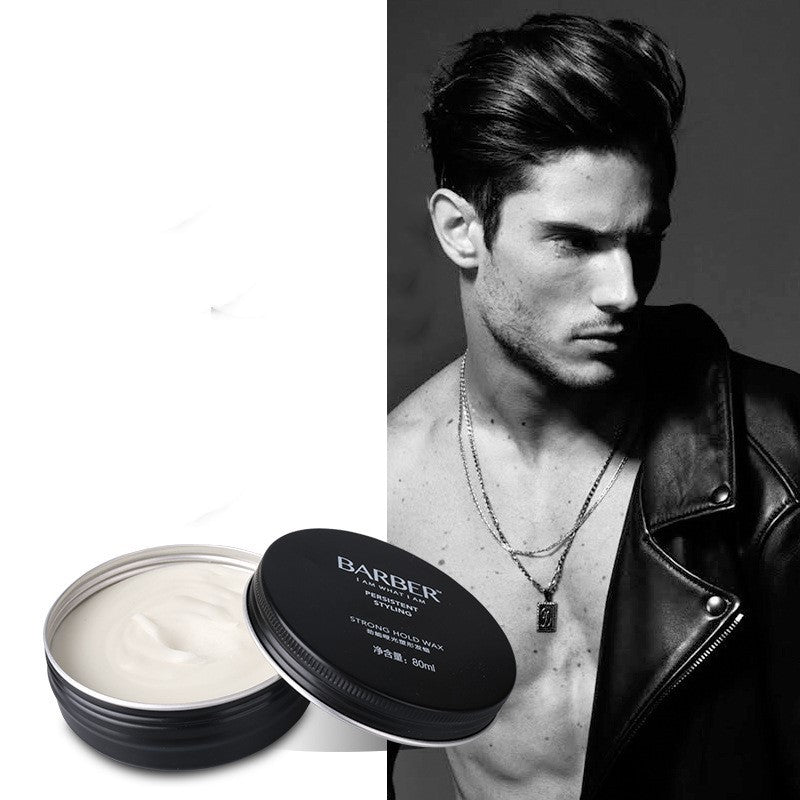 Barber product with a man wearing a leather jacket on a white background