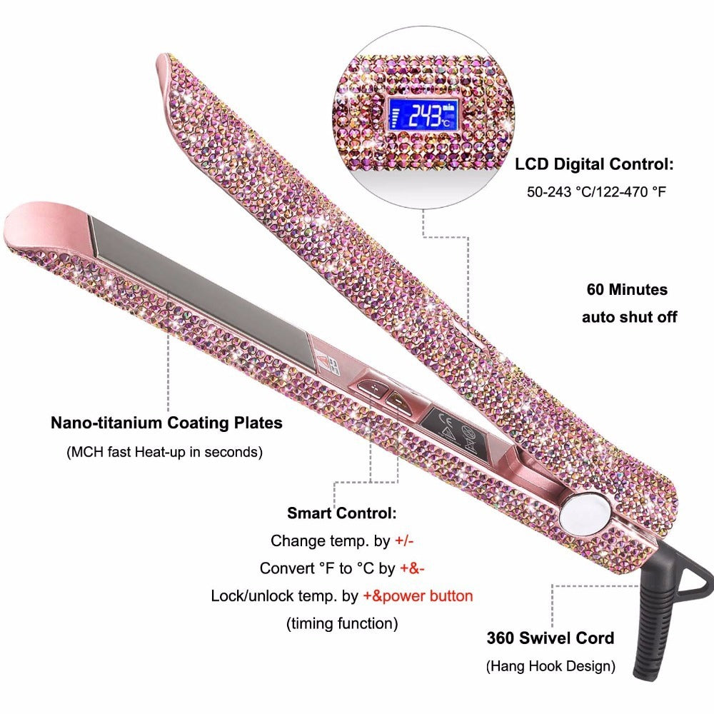 Pink hair straightener with digital control panel and rhinestone accents on a white background