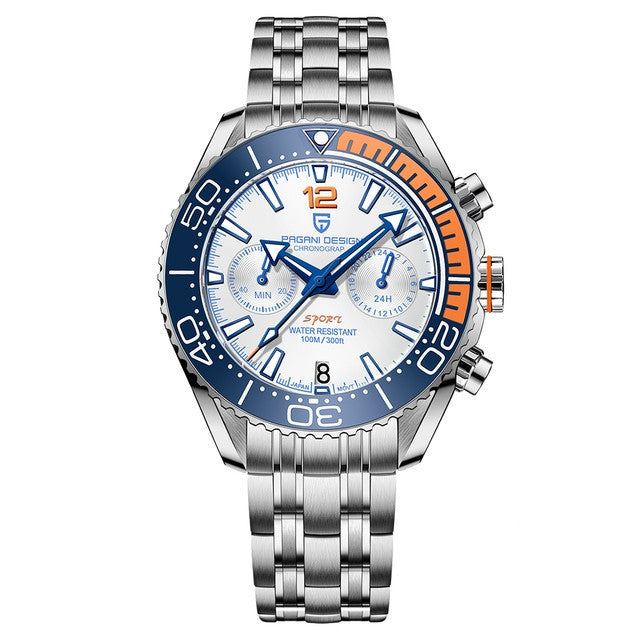 Silver watch with blue and orange accents on a white background