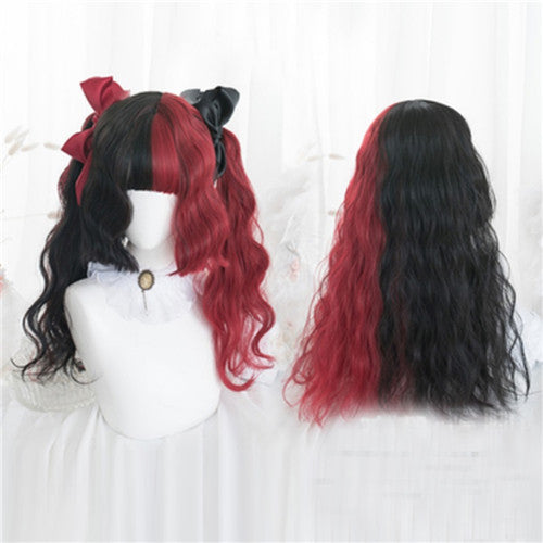 Black and red wig displayed on a mannequin with a white background