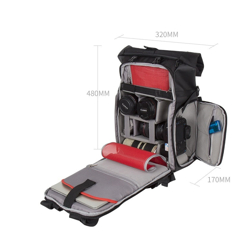 Camera backpack with dimensions labeled on a white background