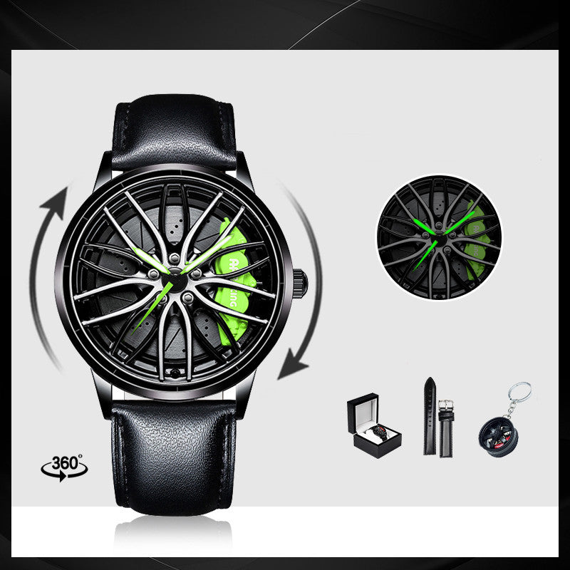 Black wristwatch with green accents on a white background, including packaging and keychain.