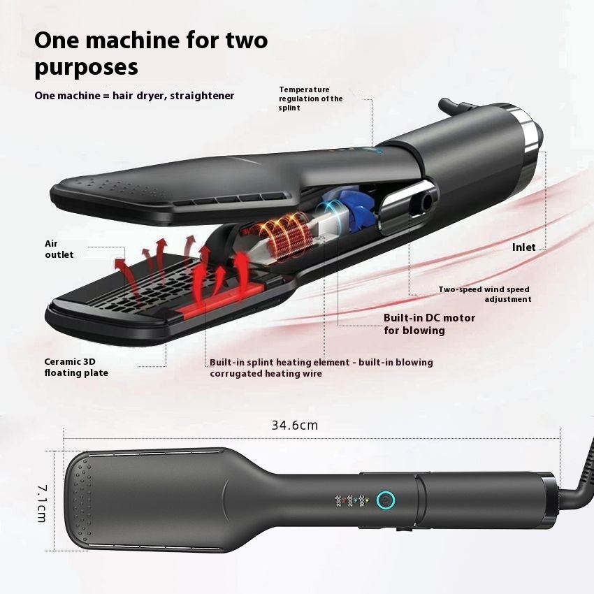 Multifunctional hair dryer and straightener with detailed features and dimensions on a white background.