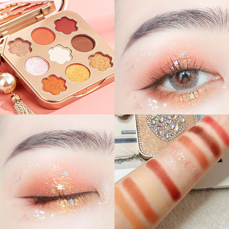 Makeup palette with eyeshadow swatches and close-ups of eye makeup.