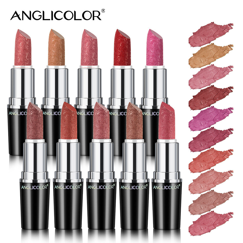 Set of Anglicolor lipsticks with swatches on a white background