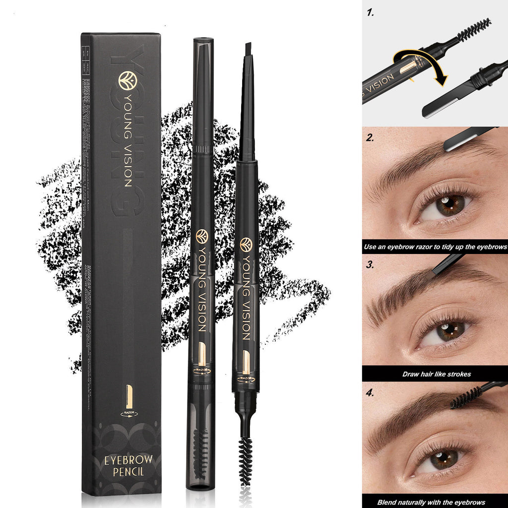 Eyebrow pencil with packaging and usage instructions on a white background