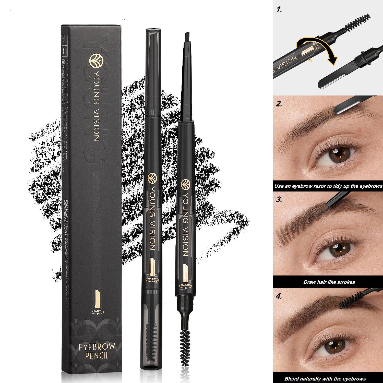 Eyebrow pencil with packaging and usage instructions on a white background