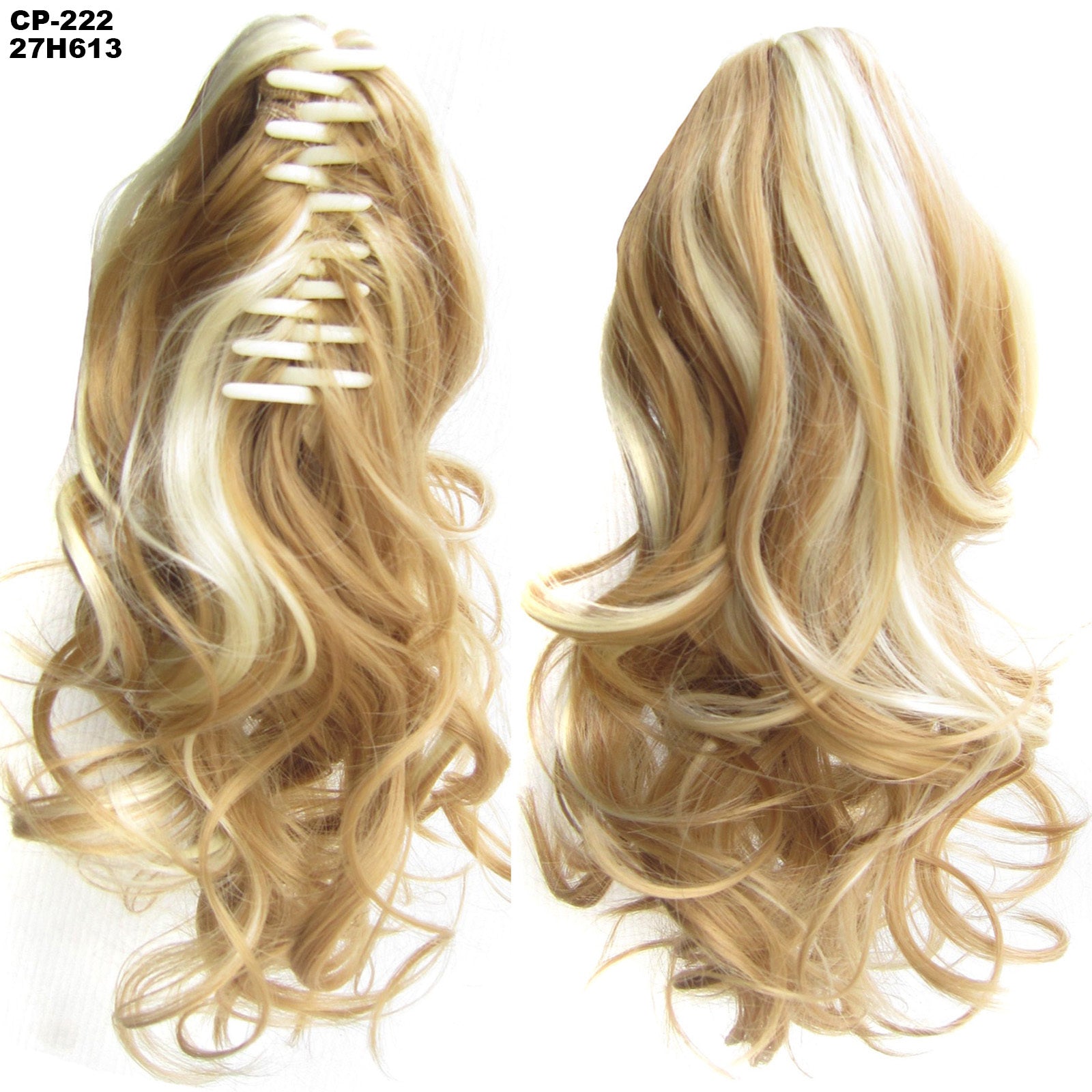 Blonde hair extensions with a comb on a white background