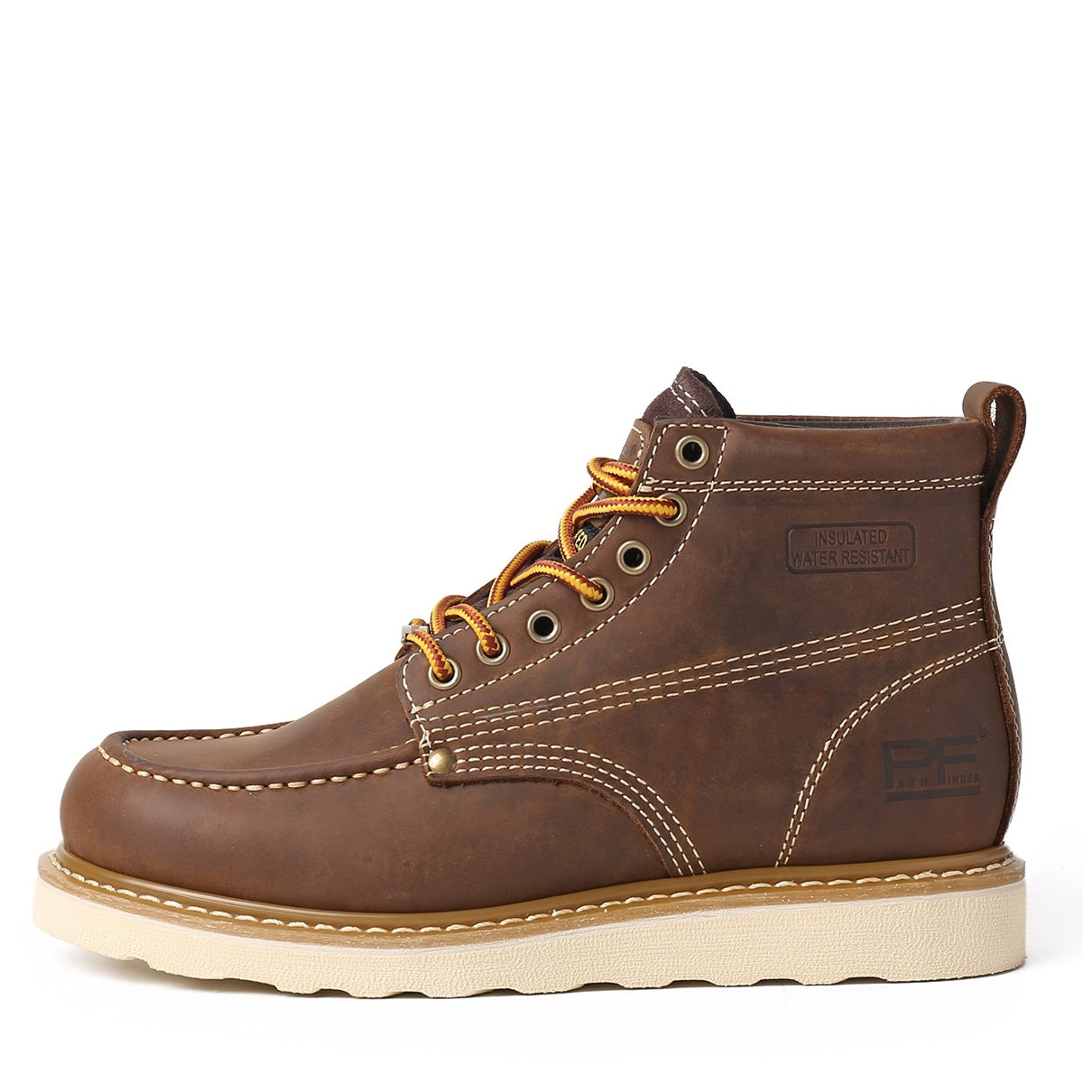 Brown leather boot with white sole on a white background