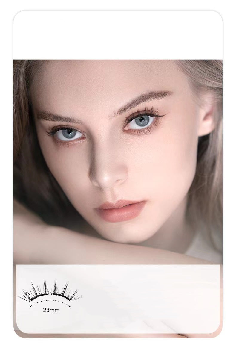 Eyelash packaging with a model wearing the lashes and size label '23mm'.