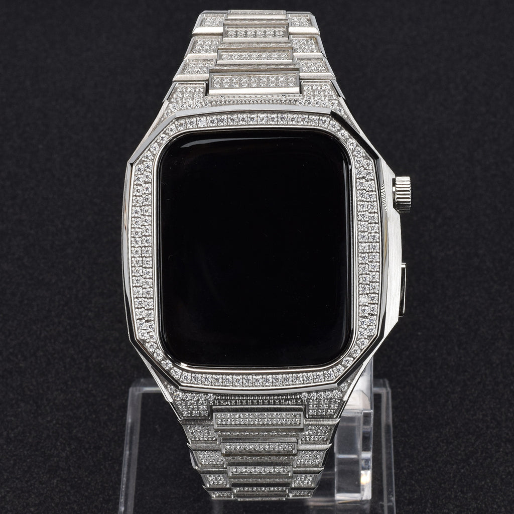 Luxury silver smartwatch with diamond-studded band on a black background