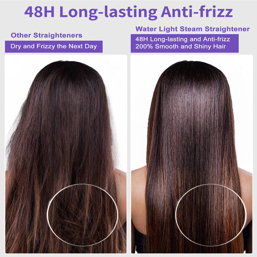 Comparison of hair before and after use of a water light steam straightener with 48-hour anti-frizz properties.
