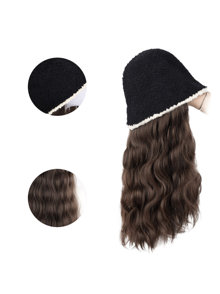 Black bucket hat with brown hair extensions on a white background