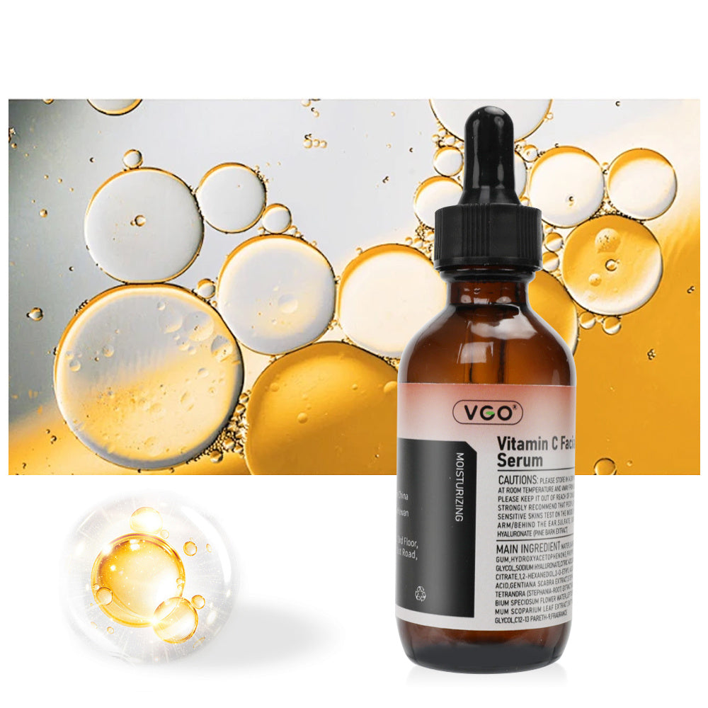 VGO Vitamin C Face Serum bottle with dropper against a background of bubbles.