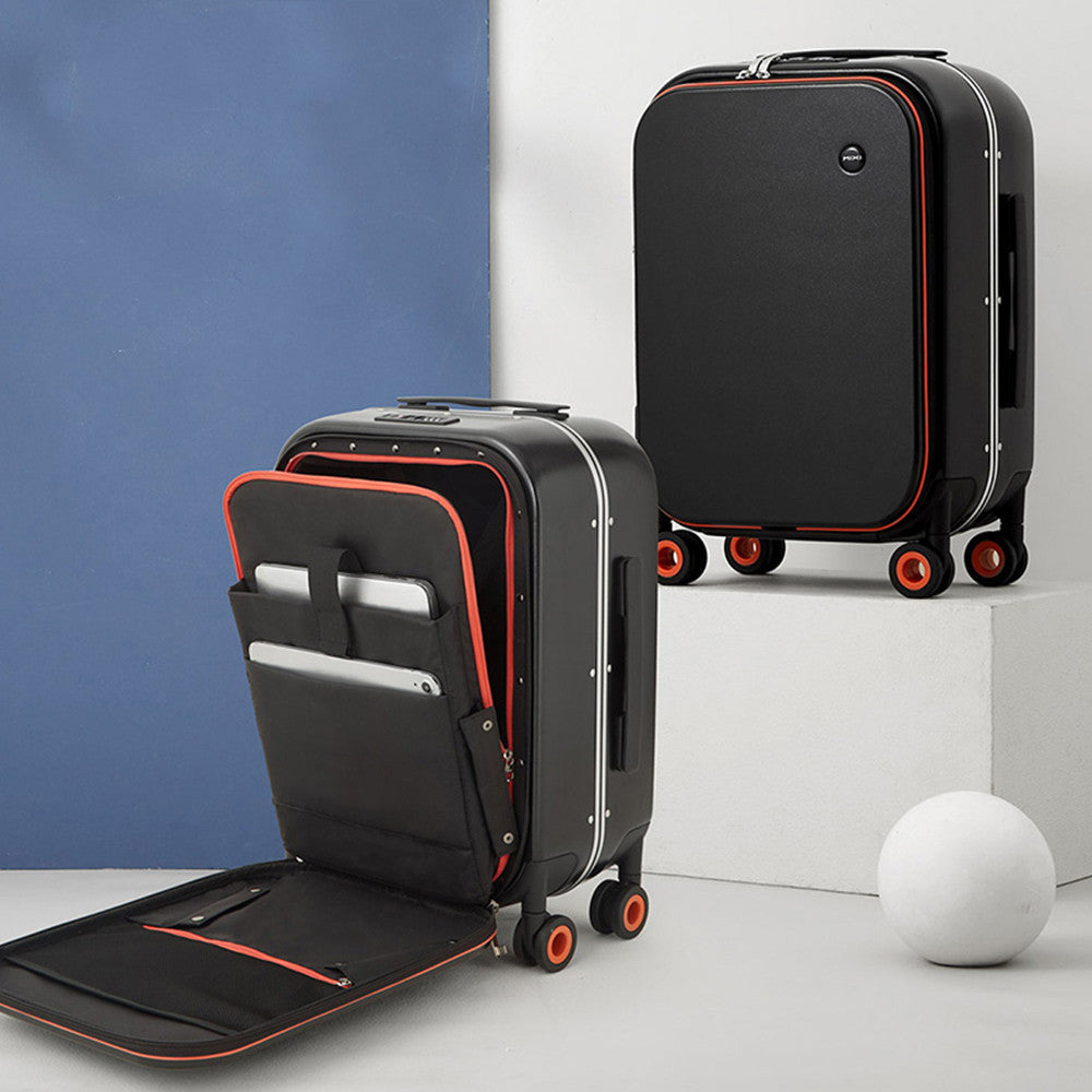 Black suitcase with red accents on a white and blue background