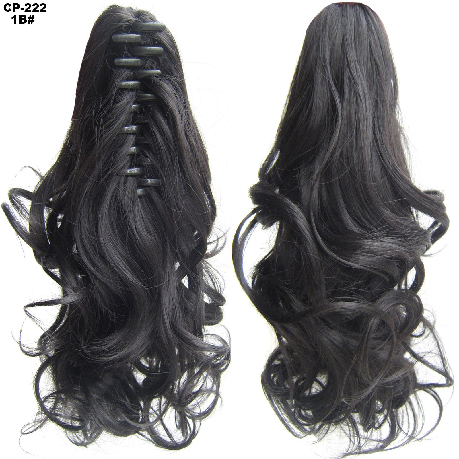 Black hair extension shown from front and back on a white background