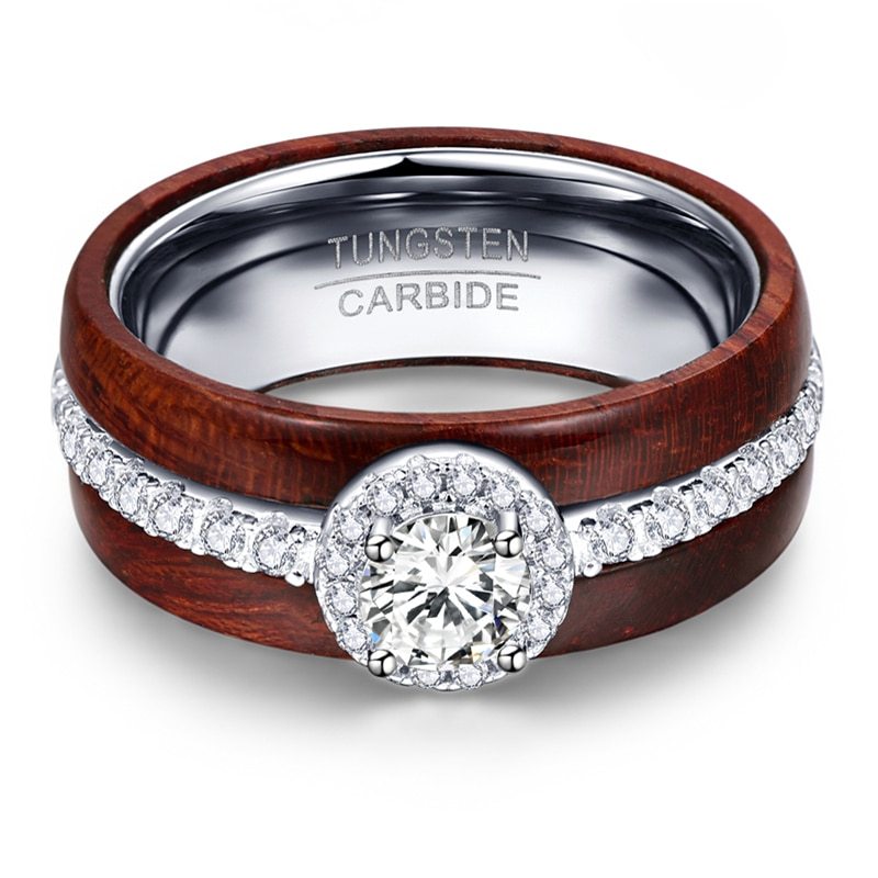 Wooden ring with silver gemstone and tungsten carbide band on a white background